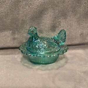 Mosser Glass Teal Carnival Mini Hen on Nest Salt Cellar Trinket Dish M Logo